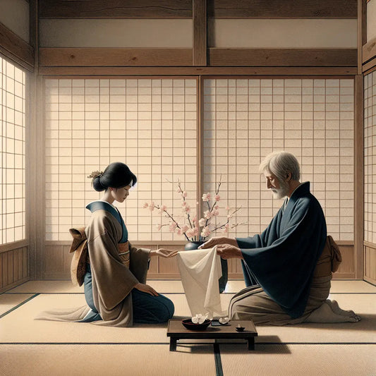 A calm and tender moment between a gentle woman and a young man with fiery red hair inside a traditional Japanese room with soft warm light, symbolizing empathy, hope, and family healing.