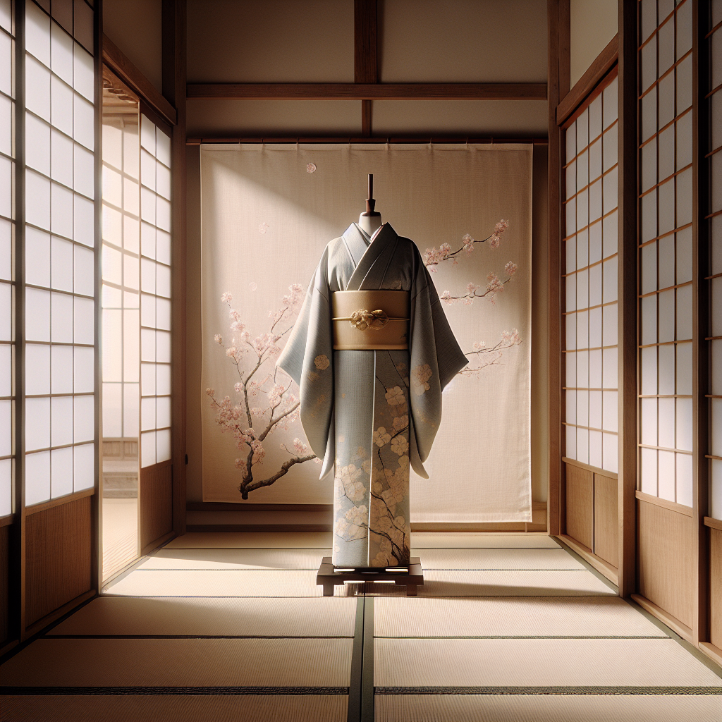 An elegant traditional Japanese kimono displayed on a wooden stand inside a tatami room, surrounded by soft cherry blossom branches seen through shoji screens — minimalist and serene.