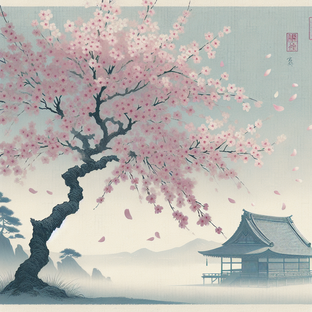 A serene cherry blossom tree in full bloom with soft pink petals falling gently against a clear blue sky, with faint traditional Japanese architecture in the background, evoking calm and timeless beauty.