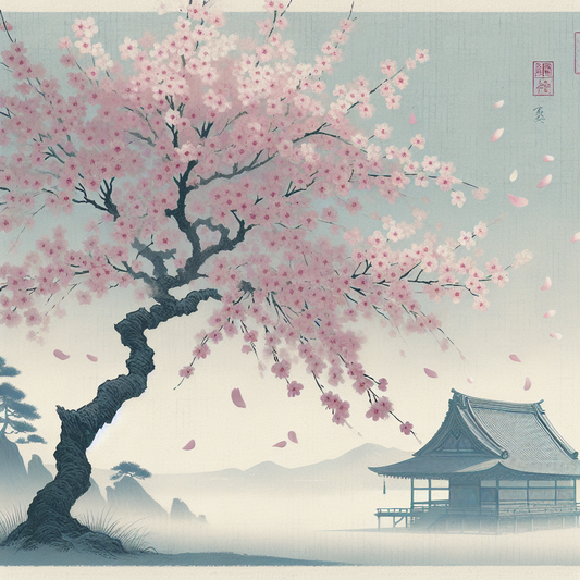 A serene cherry blossom tree in full bloom with soft pink petals falling gently against a clear blue sky, with faint traditional Japanese architecture in the background, evoking calm and timeless beauty.