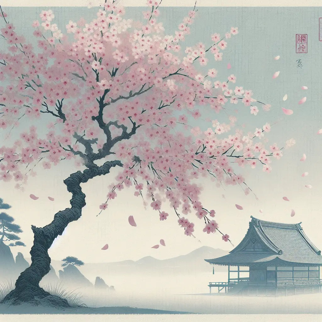 A serene cherry blossom tree in full bloom with soft pink petals falling gently against a clear blue sky, with faint traditional Japanese architecture in the background, evoking calm and timeless beauty.