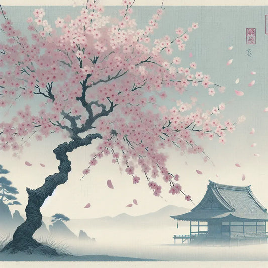 A serene cherry blossom tree in full bloom with soft pink petals falling gently against a clear blue sky, with faint traditional Japanese architecture in the background, evoking calm and timeless beauty.