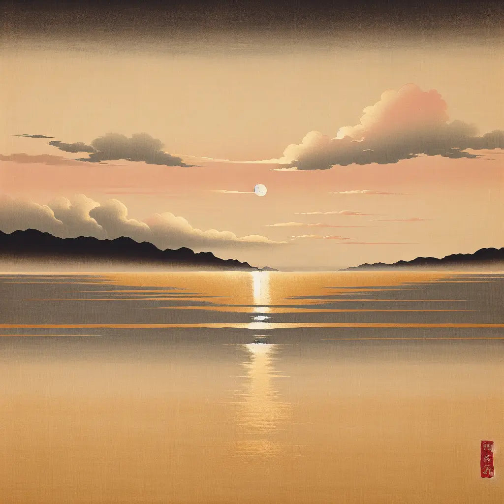 Minimalist Japanese style painting of a calm horizon at sunrise with gentle warm rays spreading softly, symbolizing hope and renewal, with muted natural colors and quiet atmosphere.