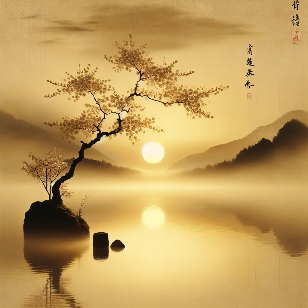 Minimalist serene sunrise over calm water with soft golden light and subtle sakura branch, evoking quiet spiritual renewal and hope in a Japanese traditional style.