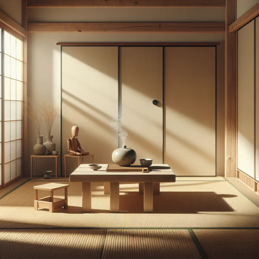 A simple traditional Japanese tea ceremony setting with warm natural light, a ceramic tea bowl on a rustic wooden table, and delicate ikebana flowers on tatami flooring, symbolizing openness and beginner's mind.