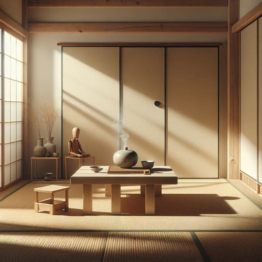 A simple traditional Japanese tea ceremony setting with warm natural light, a ceramic tea bowl on a rustic wooden table, and delicate ikebana flowers on tatami flooring, symbolizing openness and beginner's mind.