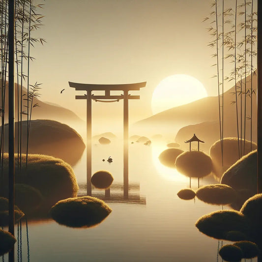 A serene Japanese torii gate at sunrise with golden light and gentle mist over a calm pond, evoking quiet renewal and hope.