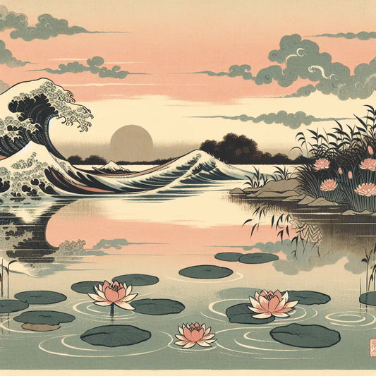 Minimalist Japanese style pond with stylized Great Wave and serene water lilies under a soft pastel sky, combining Eastern ukiyo-e and Western impressionist inspiration in a calm, balanced composition.
