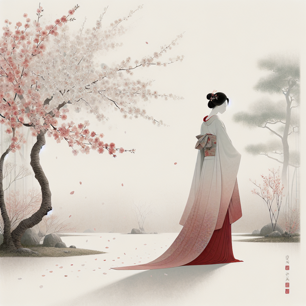Elegant Japanese woman in a flowing kimono standing among cherry blossoms with soft sunlight and gentle drifting petals in a minimalistic and serene garden scene.