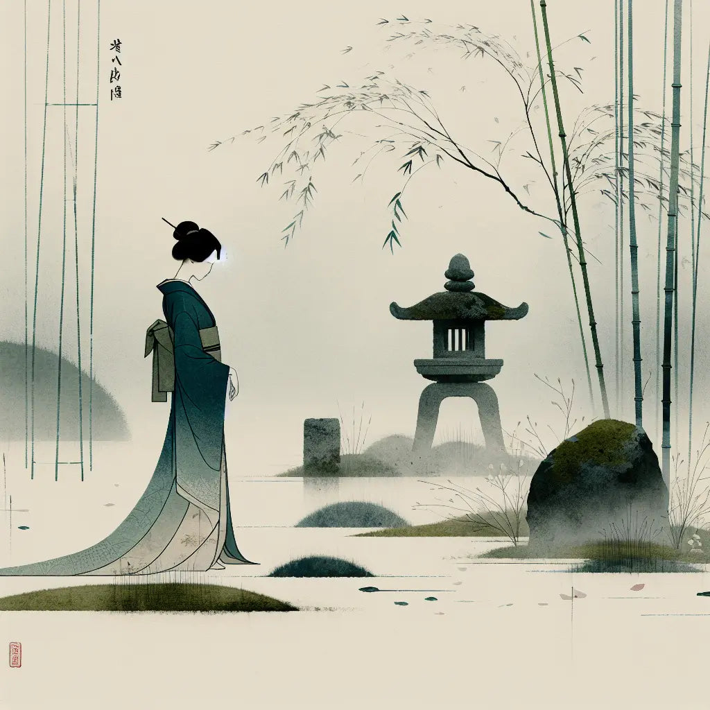 A serene Japanese woman in a flowing silk kimono standing gracefully in a tranquil garden with soft natural light, embodying traditional elegance and calm.