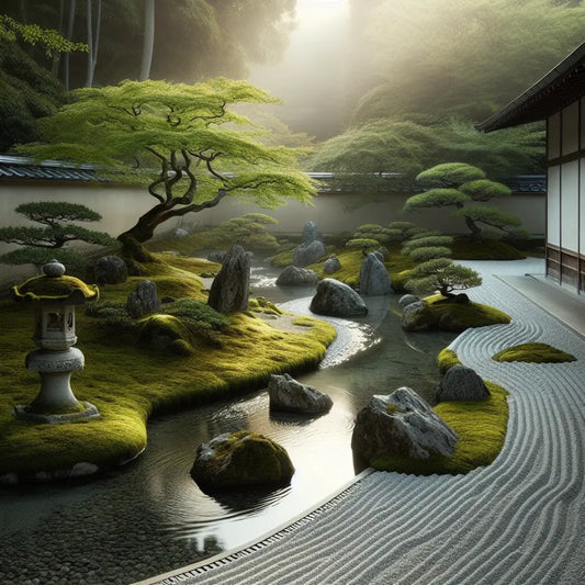 A serene Japanese Zen garden with a gently flowing river, mossy stones, and soft natural light conveying peacefulness and cultural harmony.
