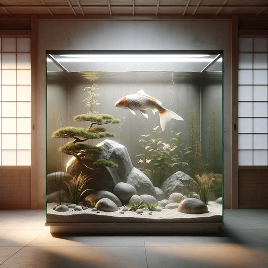 A single large koi fish swimming gracefully among smooth rocks and aquatic plants in a serene, softly lit aquarium with a minimalist Japanese aesthetic.