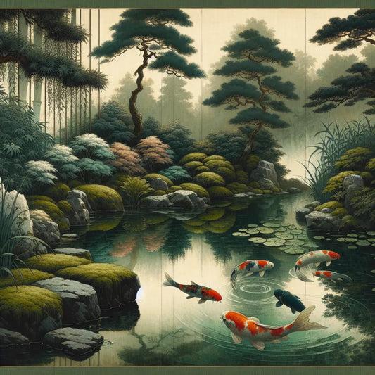A quiet Japanese koi pond with colorful fish swimming beneath the calm water, surrounded by mossy stones and lush greenery in soft natural light.