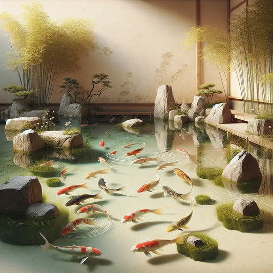 A peaceful koi pond with clear water and colorful koi swimming gently among aquatic plants under soft sunlight, minimalistic and serene in traditional Japanese style.