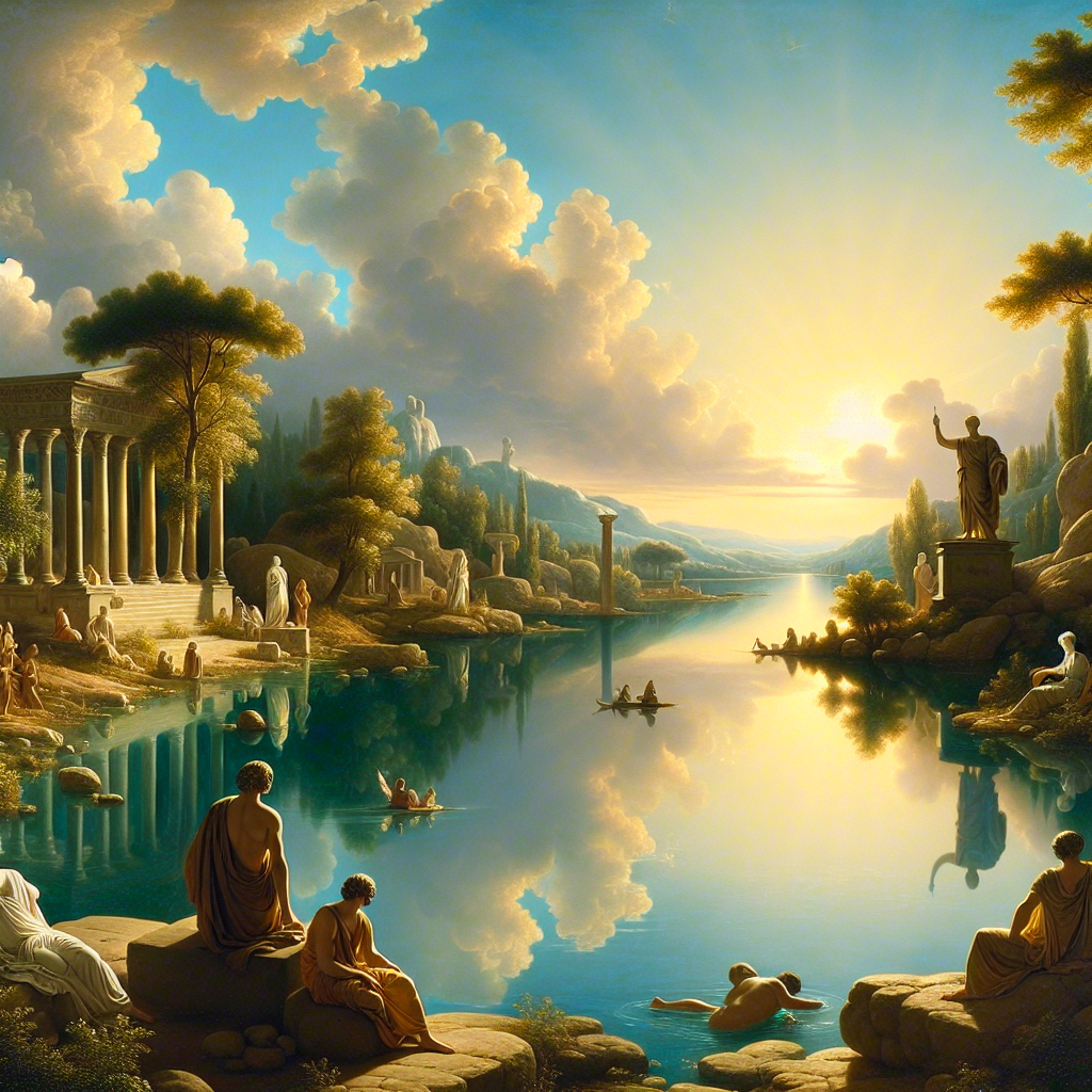Serene Roman lake under a clear sky, representing stoic tranquility with philosophers in contemplation along the shore, styled after 1960s historical epics.