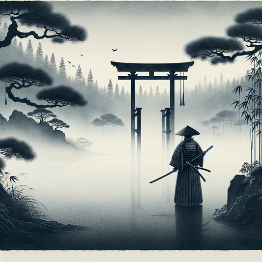 A lone samurai in traditional armor holding a katana at dawn, standing in mist near a torii gate with a calm and honorable presence — minimalist and serene Japanese landscape.