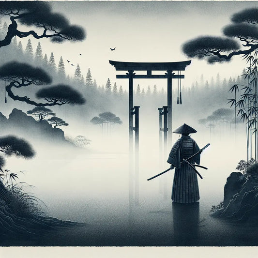 A lone samurai in traditional armor holding a katana at dawn, standing in mist near a torii gate with a calm and honorable presence — minimalist and serene Japanese landscape.
