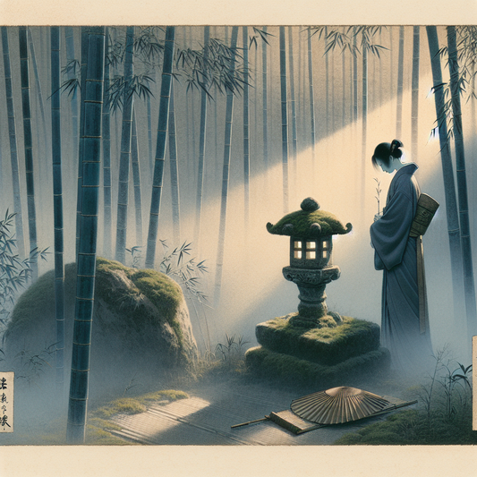 A serene figure in traditional kimono seated beside a mossy stone lantern in a misty zen garden with subtle historical accessories — elegant, minimalistic, and culturally inspired.