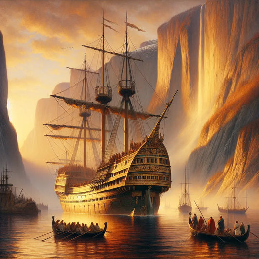 Painting of a serene ship sailing through majestic Nordic fjords at sunset, passengers dressed in elegant Roman-inspired togas enjoying the scenic views on deck.