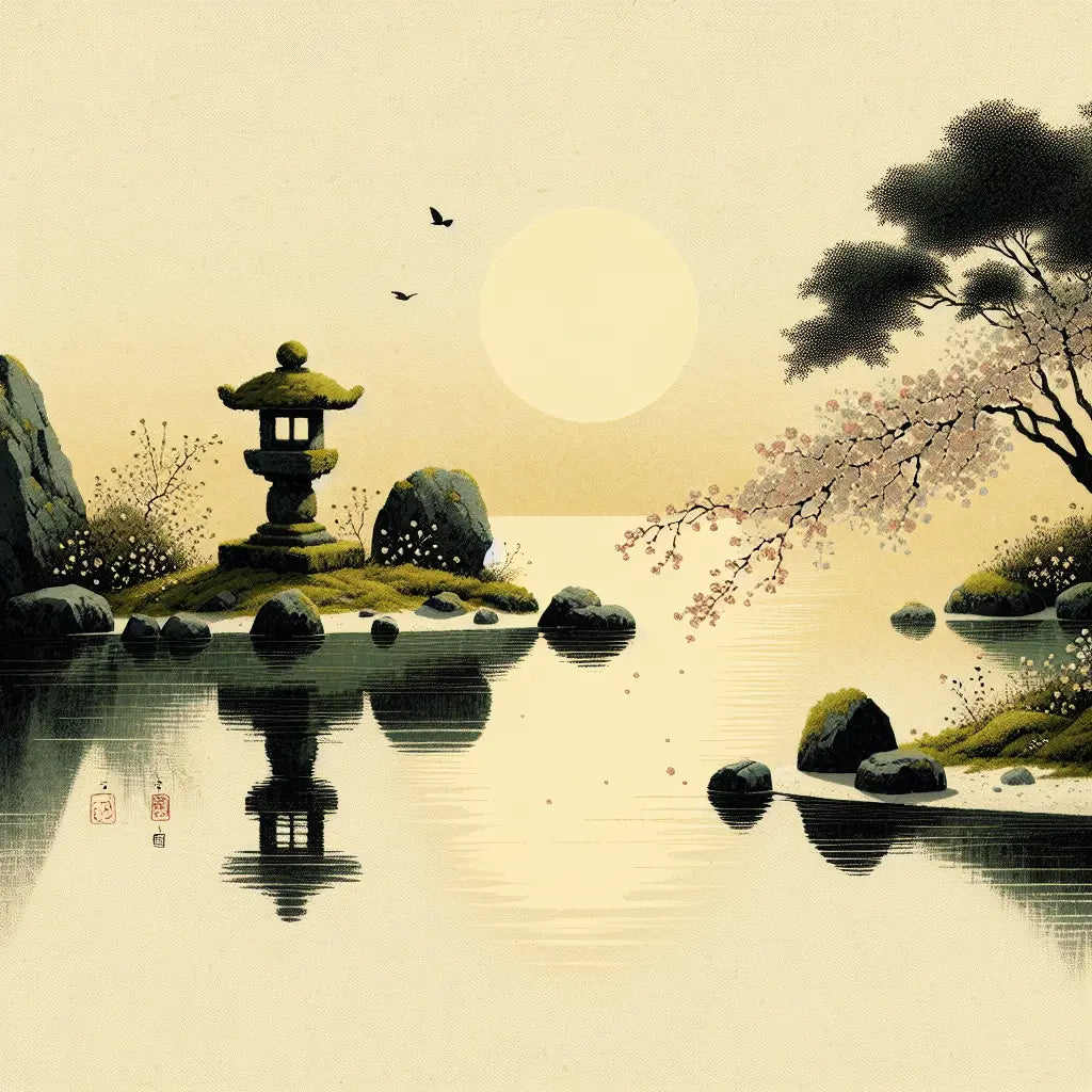 A serene Japanese pond at sunset reflecting golden light, with a moss lantern and cherry blossoms embodying yin and yang balance—minimalist and peaceful.