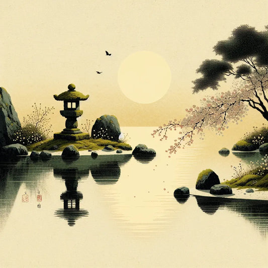 A serene Japanese pond at sunset reflecting golden light, with a moss lantern and cherry blossoms embodying yin and yang balance—minimalist and peaceful.