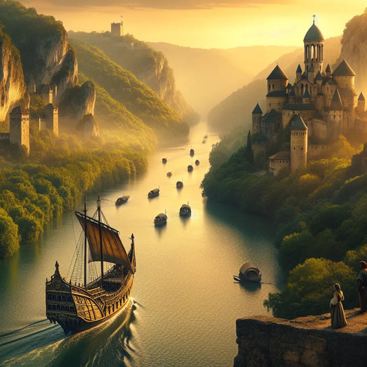 A serene river cruise ship sails through a scenic European river landscape surrounded by historic castles and lush greenery in a painterly, cinematic style reminiscent of 1960s historical epics.