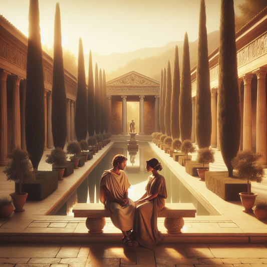 Roman couple seated in a serene, minimalist garden, reflecting Stoic tranquility and connection, in a classical cinematic style.