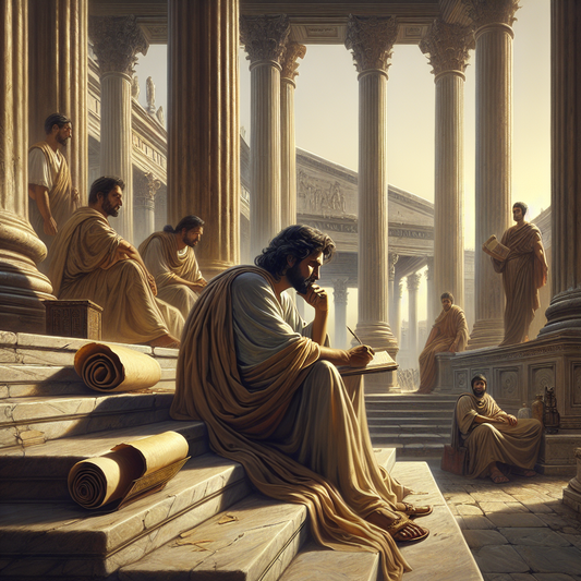 A serene Roman emperor in classical robes writing contemplatively in a journal amid stone columns and ancient scrolls in a sunlit Roman forum, painted in a cinematic 1960s historical epic style.