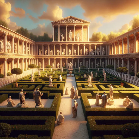 Serene Roman garden with philosophers, reflecting Stoic love and Marcus Aurelius' philosophy.