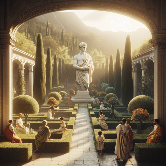 Classical Roman garden with Marcus Aurelius statue in the background, serene and philosophical atmosphere