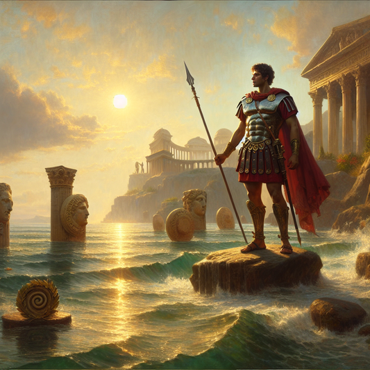 A serene Roman warrior clad in segmented armor stands calmly among gentle waves with ancient Greek and Roman symbols in the water, embodying stoicism and resilience in a warm cinematic painting style.