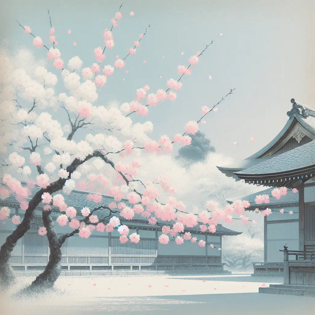 Blooming sakura cherry trees with soft pink and white petals falling gently in front of a traditional Japanese temple under a clear blue sky, in a minimalist and serene style.