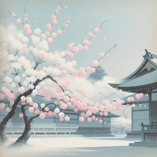 Blooming sakura cherry trees with soft pink and white petals falling gently in front of a traditional Japanese temple under a clear blue sky, in a minimalist and serene style.