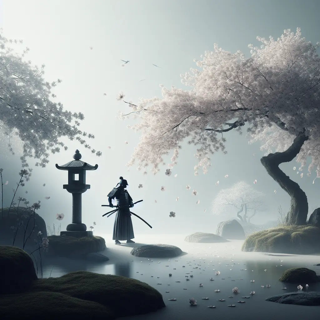 A serene samurai warrior holding a gleaming katana beneath blooming cherry blossom trees, surrounded by drifting petals in a calm traditional Japanese setting.