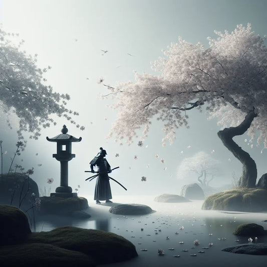 A serene samurai warrior holding a gleaming katana beneath blooming cherry blossom trees, surrounded by drifting petals in a calm traditional Japanese setting.
