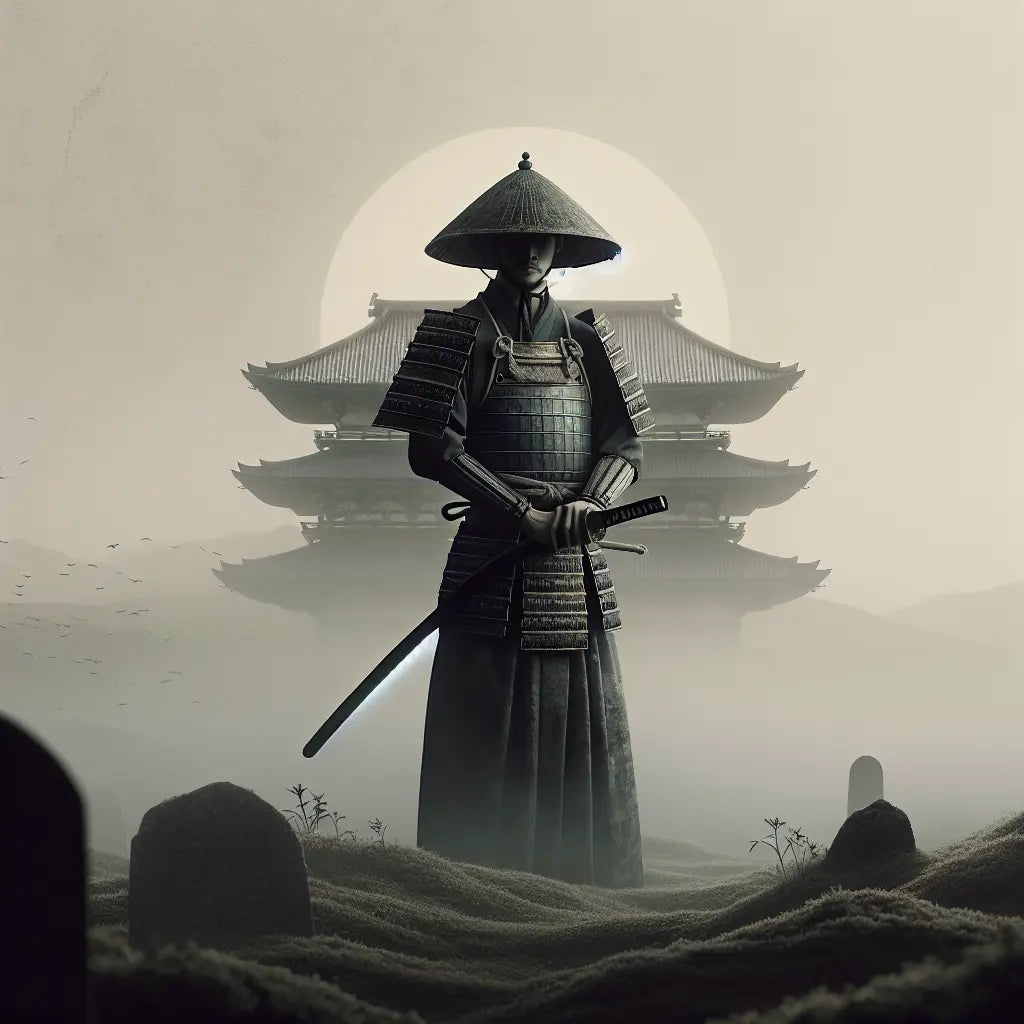 A serene samurai warrior in detailed traditional armor stands quietly on a misty ancient Japanese battlefield with a katana sword, a Shinto temple softly visible in the background — minimalistic and culturally inspired scene.