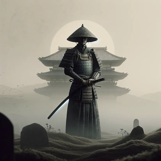 A serene samurai warrior in detailed traditional armor stands quietly on a misty ancient Japanese battlefield with a katana sword, a Shinto temple softly visible in the background — minimalistic and culturally inspired scene.