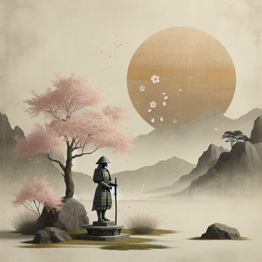 A tranquil scene of a traditional samurai statue surrounded by softly falling cherry blossoms with a distant mountain at sunset, embodying honor and legacy in a minimalist Japanese style.