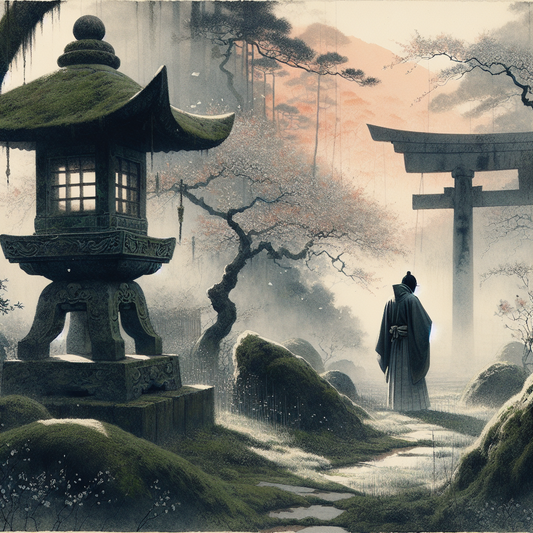 A serene samurai figure beside a stone lantern in a misty Japanese garden with cherry blossom petals falling gently, minimalistic and traditionally inspired.