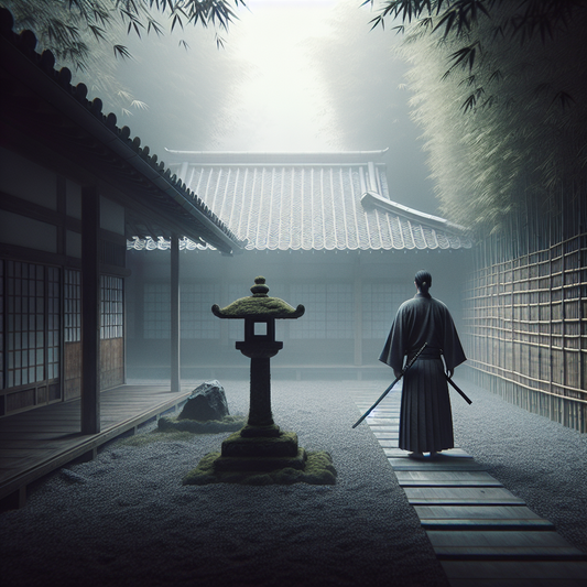A serene samurai in a quiet traditional Japanese dojo courtyard with a moss-covered stone lantern and raked gravel path under soft morning light — minimalist and culturally inspired.