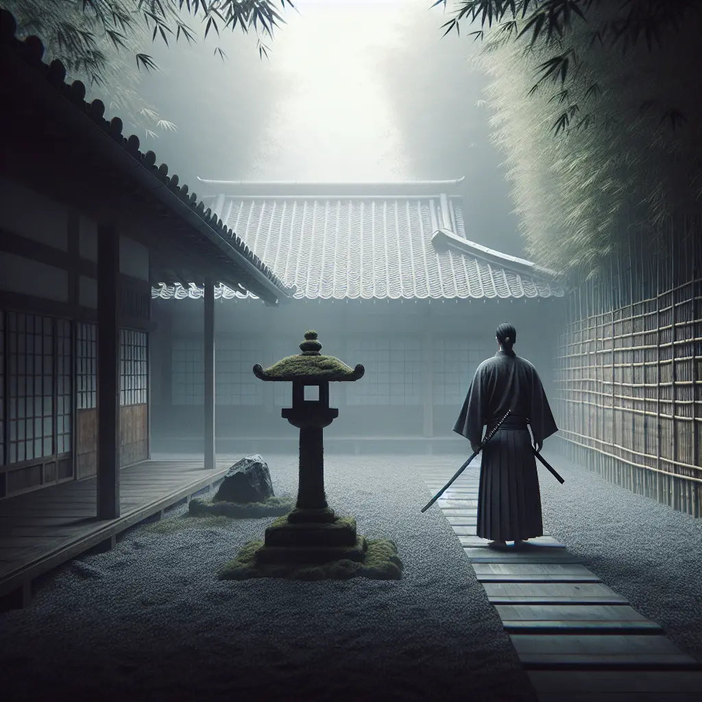 A serene samurai in a quiet traditional Japanese dojo courtyard with a moss-covered stone lantern and raked gravel path under soft morning light — minimalist and culturally inspired.