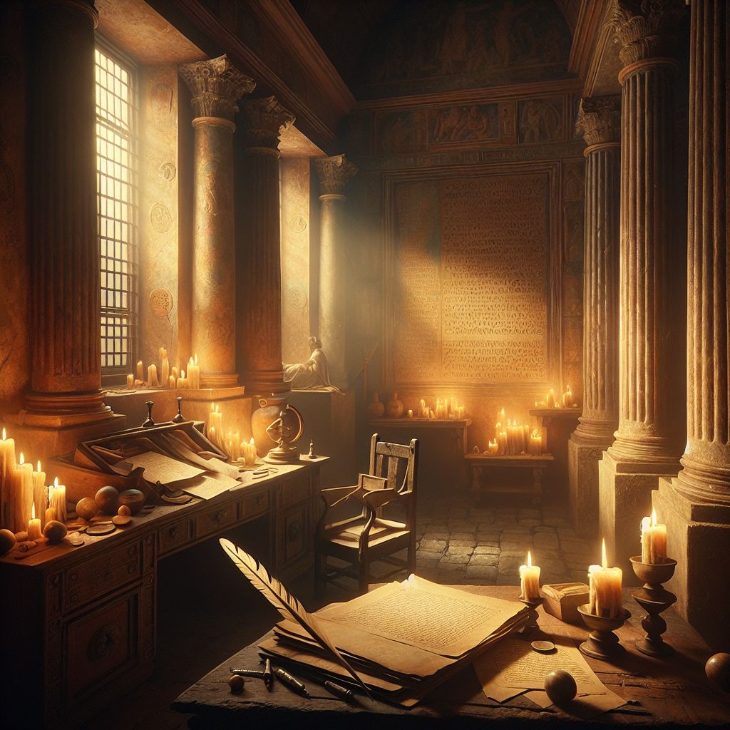 A warm, softly lit study scene with ancient Roman manuscripts, a quill pen, and a flickering candle symbolizing timeless Stoic wisdom.
