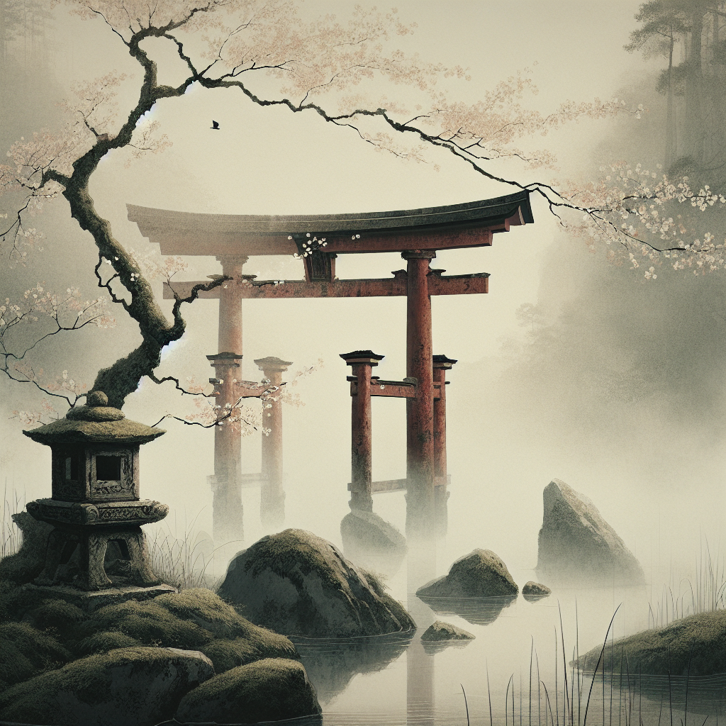 A weathered red Shinto torii gate surrounded by soft cherry blossoms and mist over still water in a calm minimalist Japanese setting.