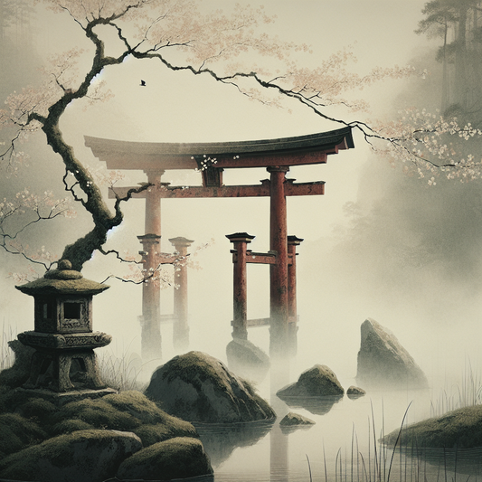 A weathered red Shinto torii gate surrounded by soft cherry blossoms and mist over still water in a calm minimalist Japanese setting.