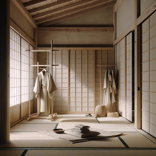 Traditional Japanese bedroom with tatami mats, sliding shoji doors, and a neatly folded yukata and kimono hanging on wooden racks with soft natural light.
