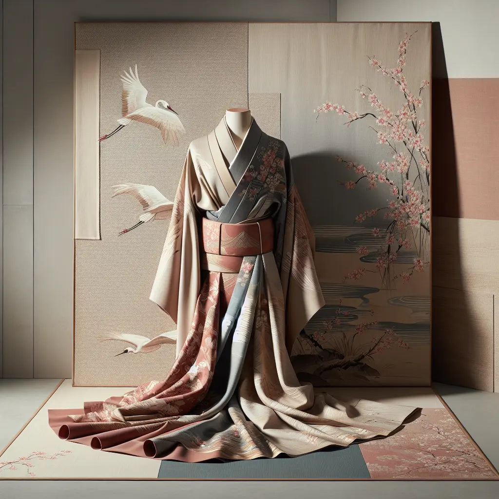 A flowing silk kimono with an elegant thick obi, featuring hand-painted cranes and cherry blossoms, presented in a minimalist traditional Japanese style.
