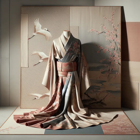 A flowing silk kimono with an elegant thick obi, featuring hand-painted cranes and cherry blossoms, presented in a minimalist traditional Japanese style.