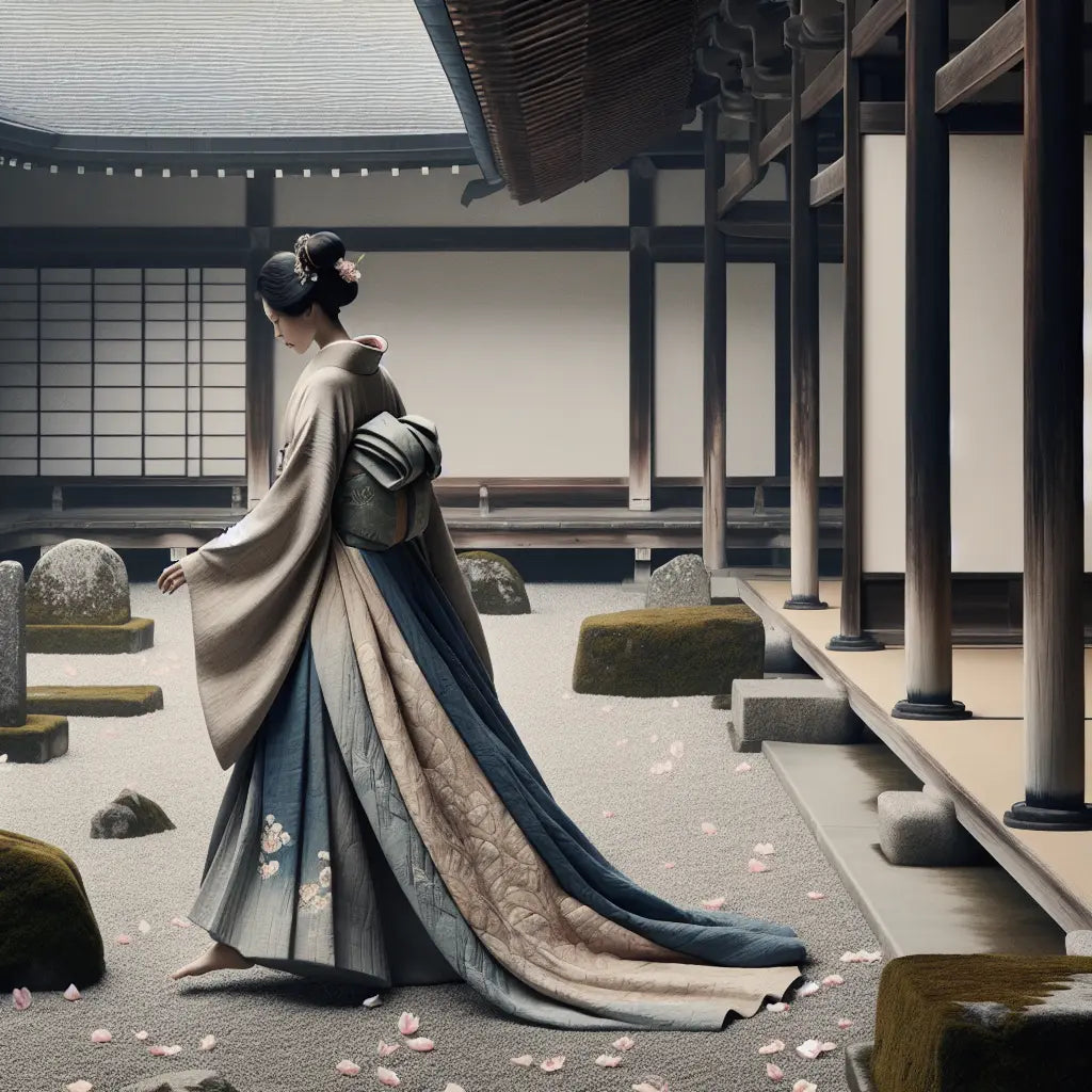 A serene woman wearing a layered kimono walking gracefully in a traditional Japanese shrine courtyard, surrounded by natural textures and soft morning light.