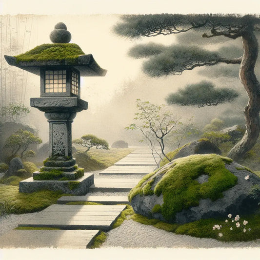 A serene moss-covered stone lantern beside a raked zen garden path enveloped in soft morning mist, minimalistic and contemplative in traditional Japanese style.