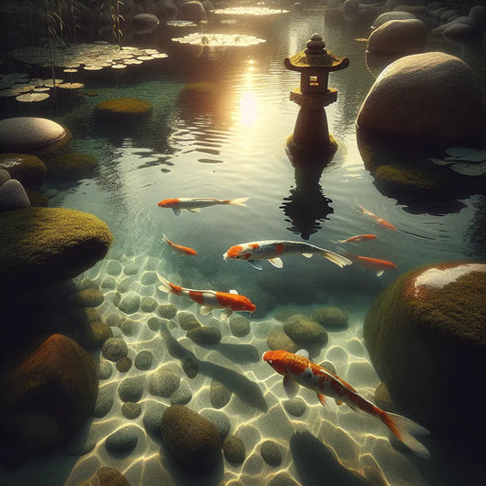 A tranquil Japanese koi pond with a few brightly colored koi fish swimming beneath softly filtered sunlight, alongside a mossy stone lantern and lotus leaves, evoking peacefulness and calm.
